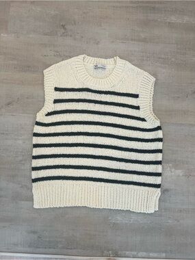 Zara Cream & Black Striped Crewneck Sweater Vest